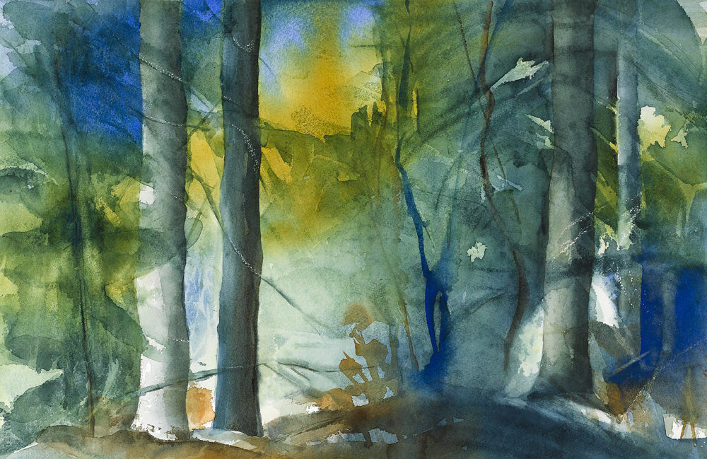 Watercolor painting of a forest scene, showcasing deep blues and greens.