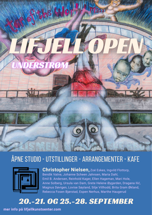 Plakat for Lifjell Open 2025 med kunstverk, arrangementdetaljer og datoer.
