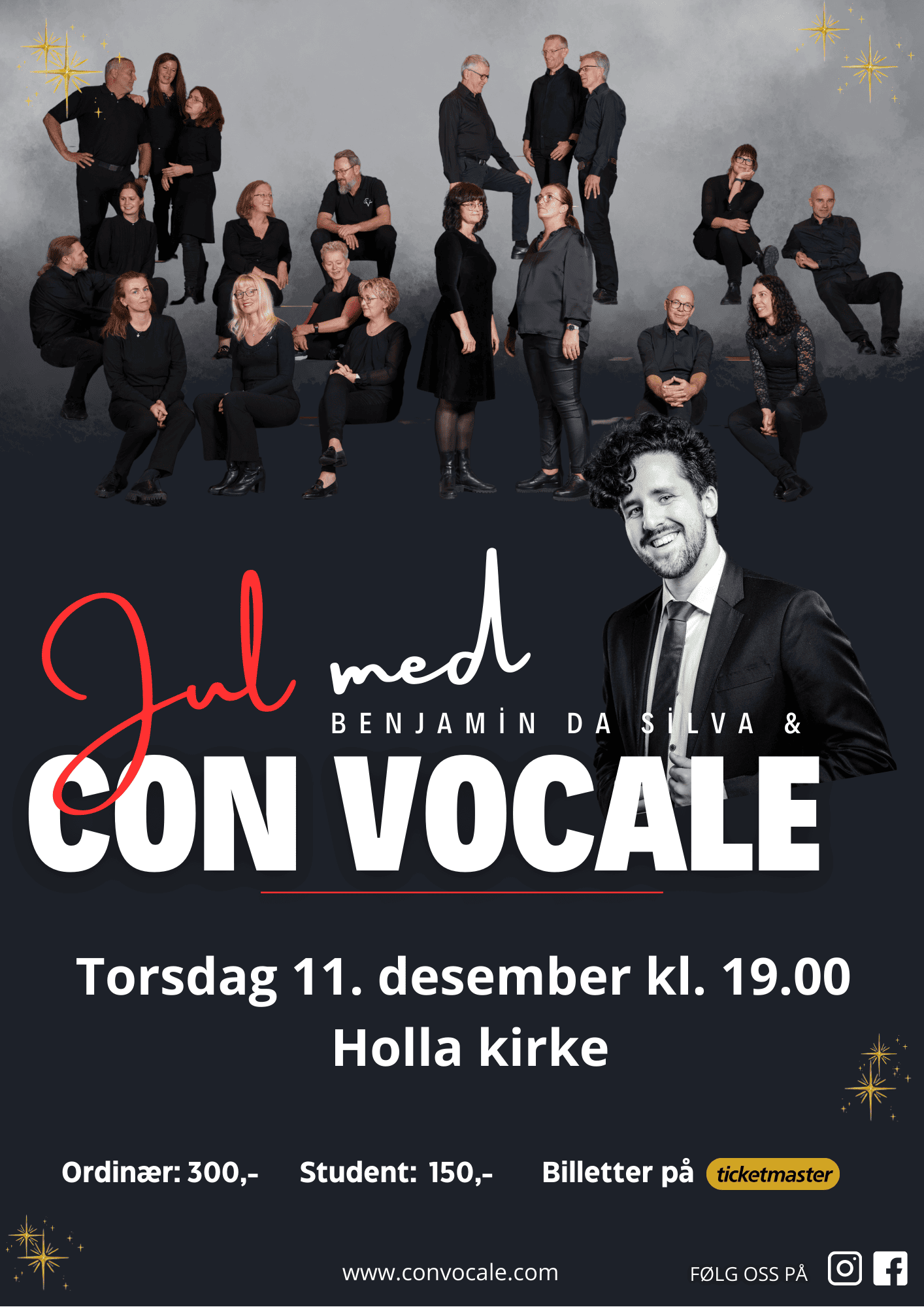 Konsertplakat: Jul med Con Vocale og Benjamin da Silva, Holla kirke, 11. desember kl. 19.00.