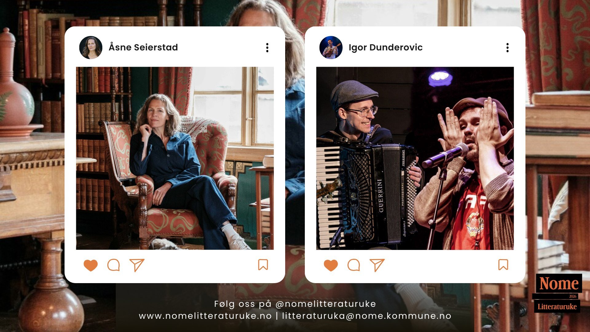 To personer presenteres i et arrangement for Nome Litteraturuke. Følg @nomelitteraturuke for mer informasjon.