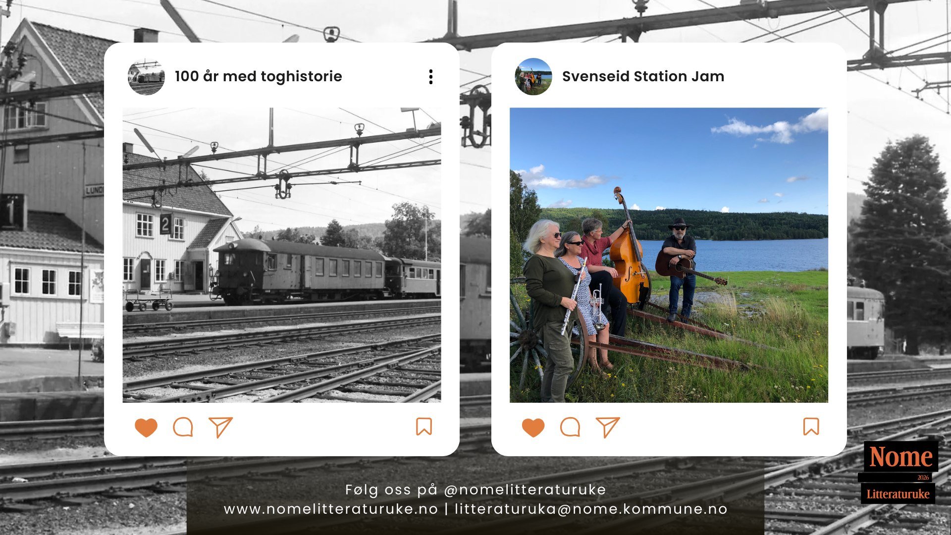 To historiske øyeblikk: Tog ved stasjonen og en gruppe som spiller musikk ved vannkanten.