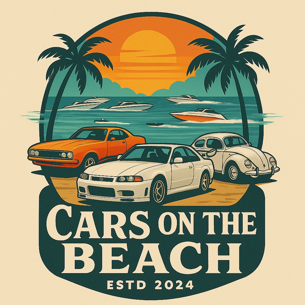Tre stilige biler på stranden med palmer og solnedgang, merket Cars on the Beach, ESTD 2024.