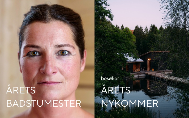 Alt-tekst: Portrett av Årets Badstumeister ved siden av Årets Nykommer, med en vakker badstue ved vannet i skogen.