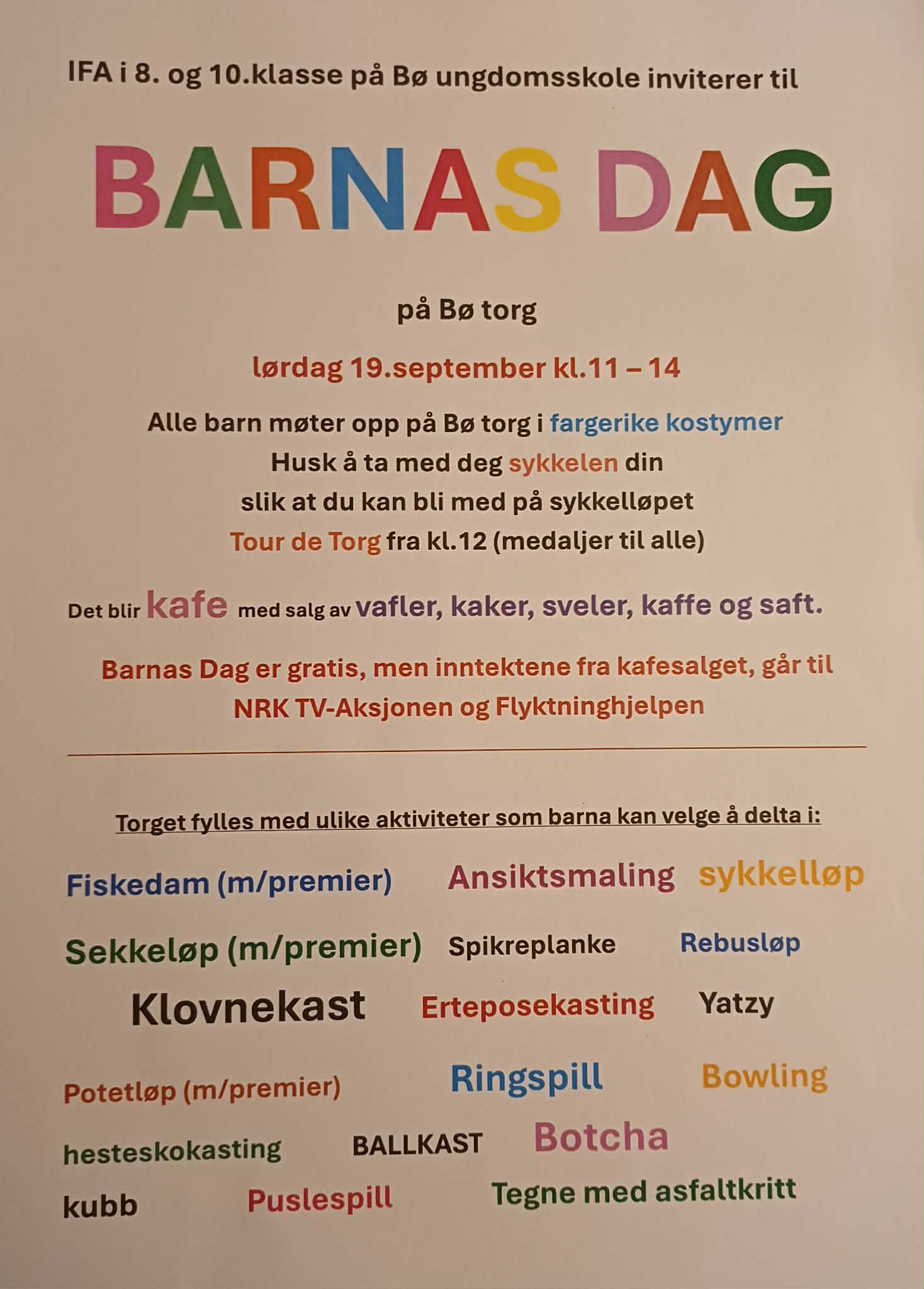 Alt-tekst: Plakat for Barnas Dag med detaljer om aktiviteter, kåseri, sykkelløp, kafé og dato på Bø torg.